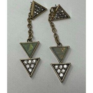 Dangle Brass Chain Earrings, Three Triangles with Rhinestones and Faux Opal.